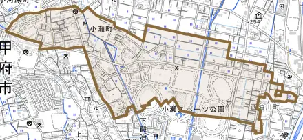 小瀬町とその周辺の地図。町の範囲を重ねている