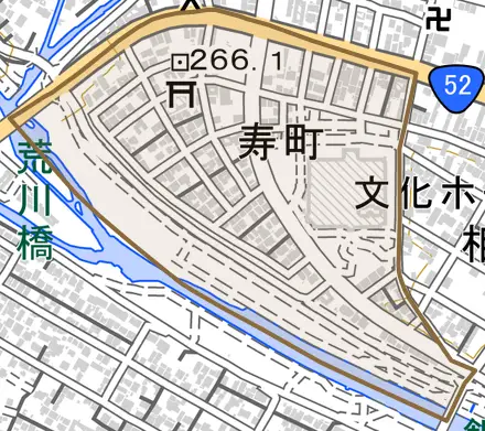 寿町とその周辺の地図。町の範囲を重ねている