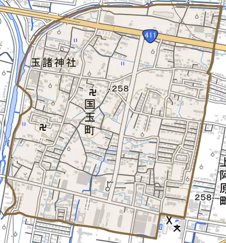国玉町とその周辺の地図。町の範囲を重ねている