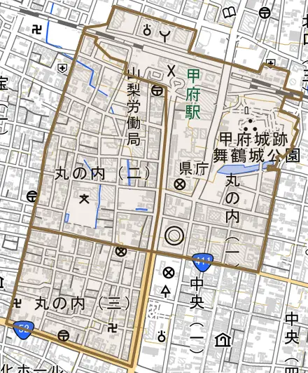 丸の内とその周辺の地図。町の範囲を重ねている