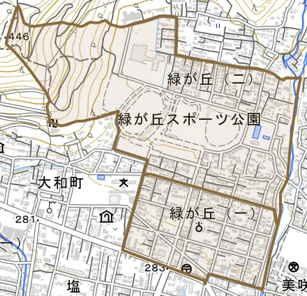 緑が丘とその周辺の地図。町の範囲を重ねている