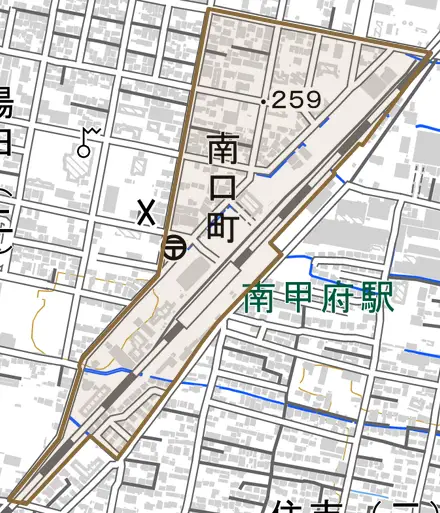 南口町とその周辺の地図。町の範囲を重ねている