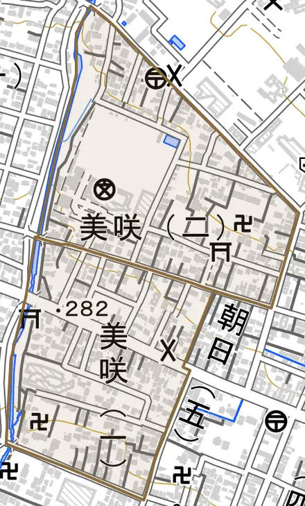 美咲とその周辺の地図。町の範囲を重ねている