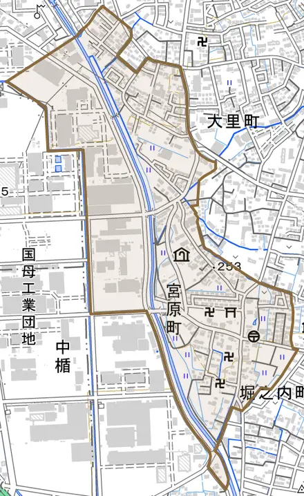 宮原町とその周辺の地図。町の範囲を重ねている