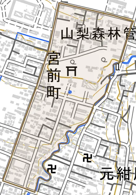 宮前町とその周辺の地図。町の範囲を重ねている