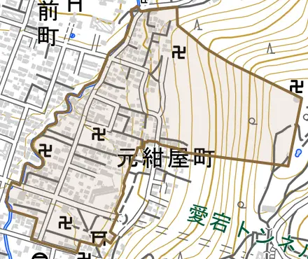 元紺屋町とその周辺の地図。町の範囲を重ねている