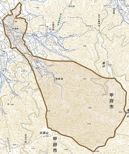 中畑町とその周辺の地図。町の範囲を重ねている