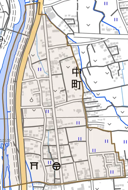 中町とその周辺の地図。町の範囲を重ねている