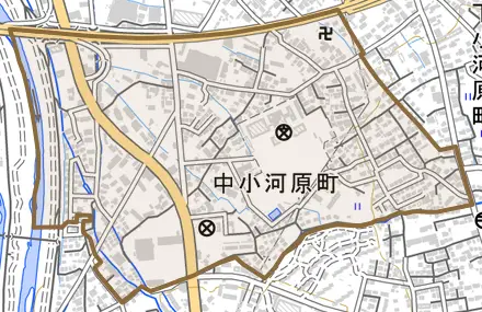 中小河原町とその周辺の地図。町の範囲を重ねている