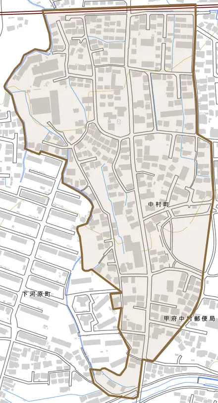 中村町とその周辺の地図。町の範囲を重ねている