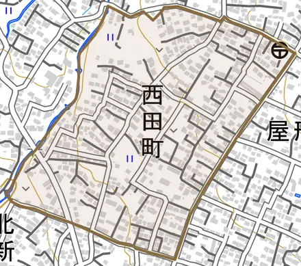 西田町とその周辺の地図。町の範囲を重ねている