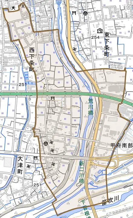 西下条町とその周辺の地図。町の範囲を重ねている