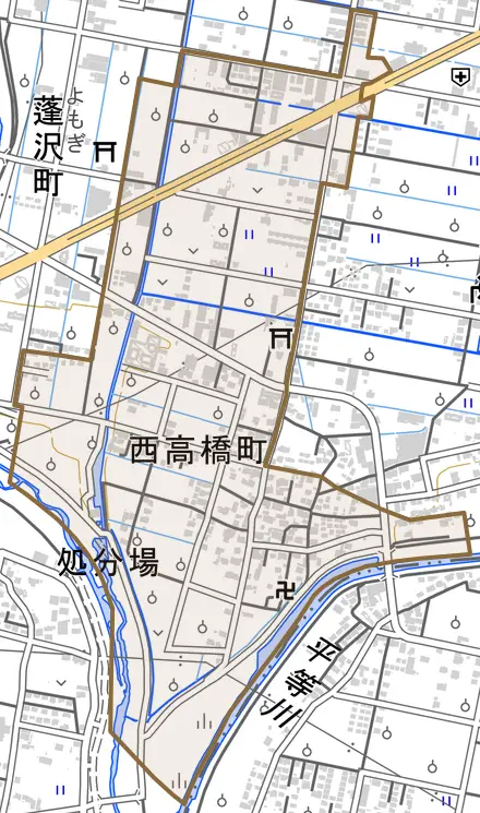 西高橋町とその周辺の地図。町の範囲を重ねている