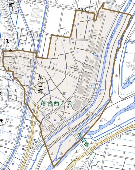 落合町とその周辺の地図。町の範囲を重ねている