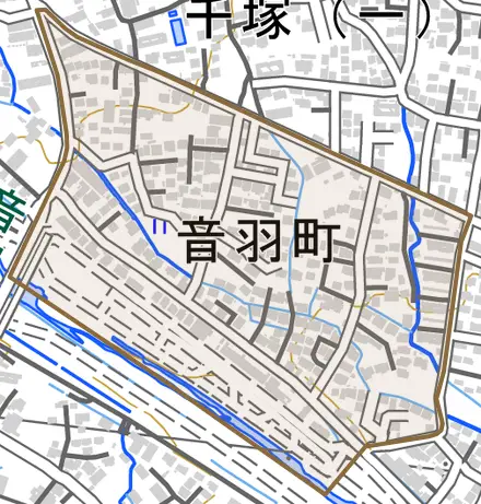 音羽町とその周辺の地図。町の範囲を重ねている