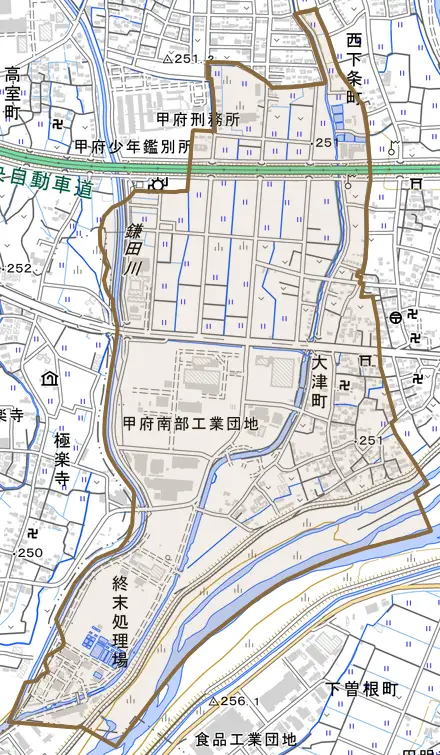 大津町とその周辺の地図。町の範囲を重ねている