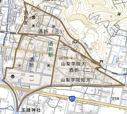 酒折とその周辺の地図。町の範囲を重ねている