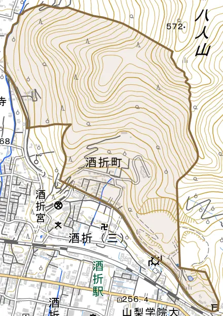酒折町とその周辺の地図。町の範囲を重ねている