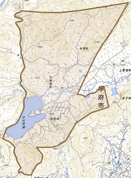 下帯那町とその周辺の地図。町の範囲を重ねている