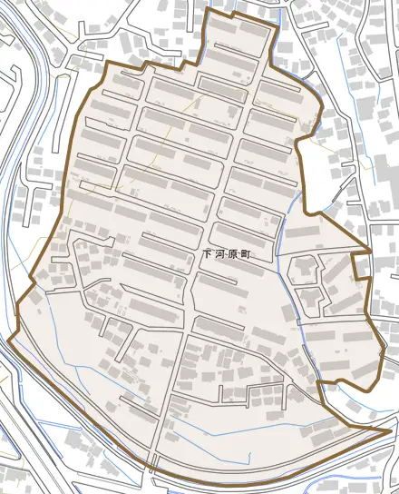 下河原町とその周辺の地図。町の範囲を重ねている
