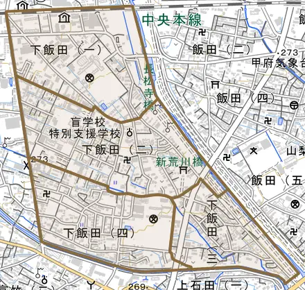 下飯田とその周辺の地図。町の範囲を重ねている