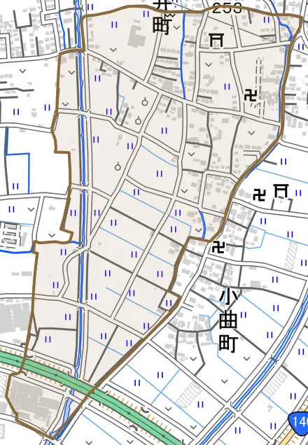 下今井町とその周辺の地図。町の範囲を重ねている