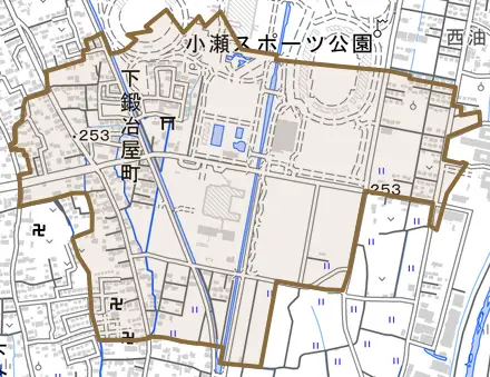 下鍛冶屋町とその周辺の地図。町の範囲を重ねている