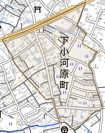 下小河原町とその周辺の地図。町の範囲を重ねている