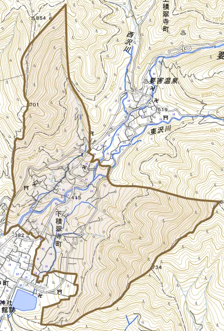 下積翠寺町とその周辺の地図。町の範囲を重ねている