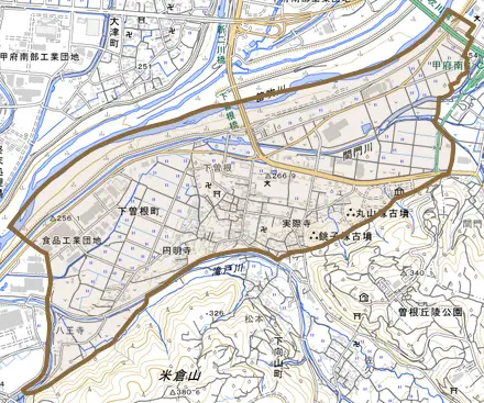 下曽根町とその周辺の地図。町の範囲を重ねている