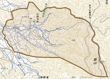 心経寺町とその周辺の地図。町の範囲を重ねている