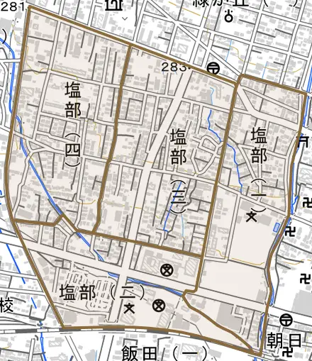 塩部とその周辺の地図。町の範囲を重ねている