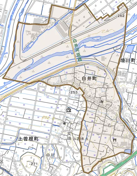白井町とその周辺の地図。町の範囲を重ねている