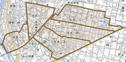 住吉とその周辺の地図。町の範囲を重ねている