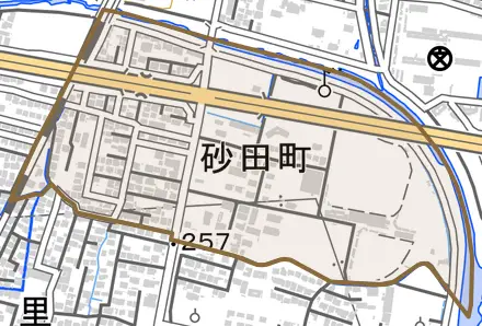 砂田町とその周辺の地図。町の範囲を重ねている