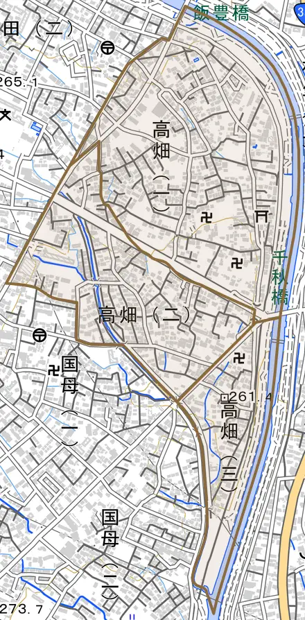 高畑とその周辺の地図。町の範囲を重ねている