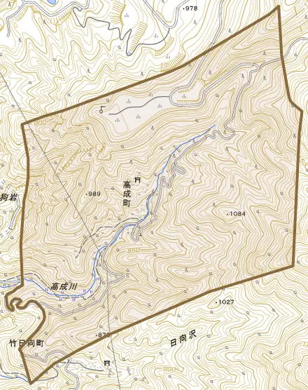 高成町とその周辺の地図。町の範囲を重ねている