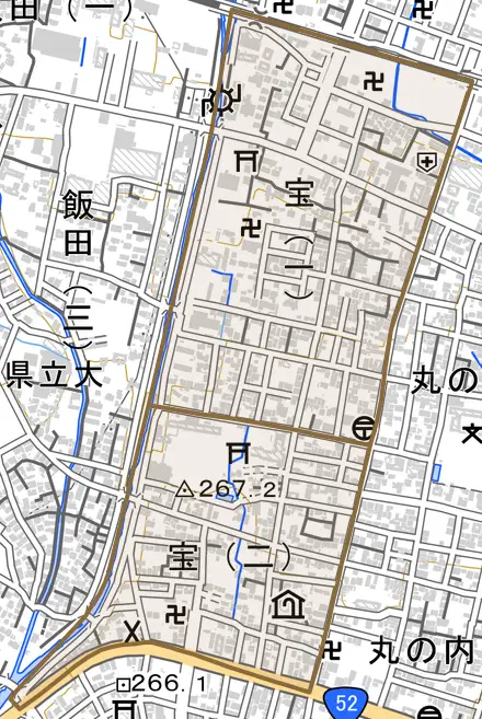 宝とその周辺の地図。町の範囲を重ねている