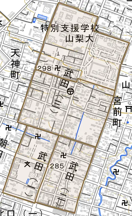武田とその周辺の地図。町の範囲を重ねている
