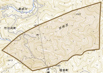 竹日向町とその周辺の地図。町の範囲を重ねている
