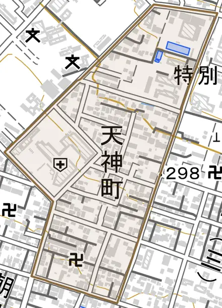 天神町とその周辺の地図。町の範囲を重ねている