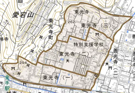 東光寺とその周辺の地図。町の範囲を重ねている