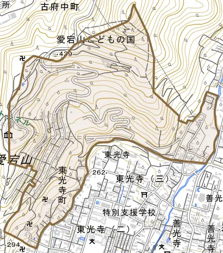 東光寺町とその周辺の地図。町の範囲を重ねている