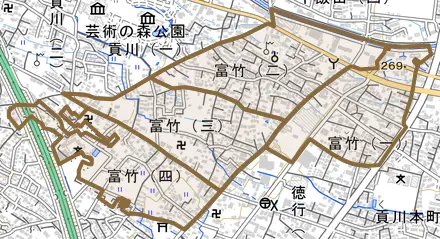 富竹とその周辺の地図。町の範囲を重ねている