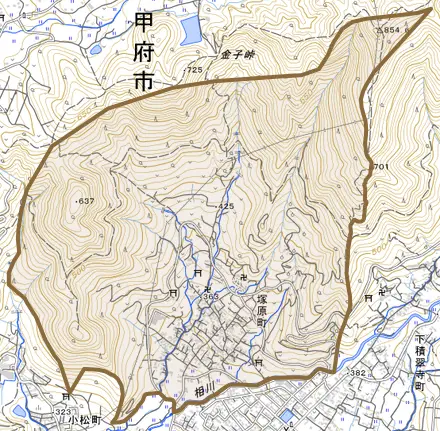 塚原町とその周辺の地図。町の範囲を重ねている
