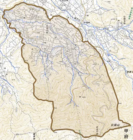 右左口町とその周辺の地図。町の範囲を重ねている