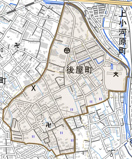後屋町とその周辺の地図。町の範囲を重ねている