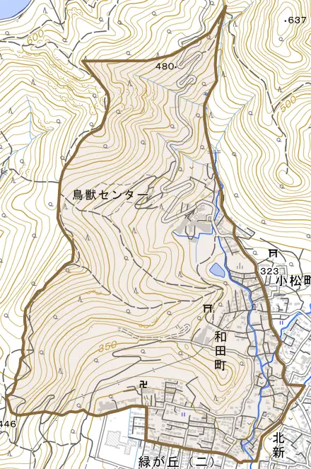 和田町とその周辺の地図。町の範囲を重ねている