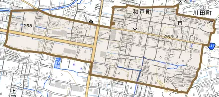 和戸町とその周辺の地図。町の範囲を重ねている