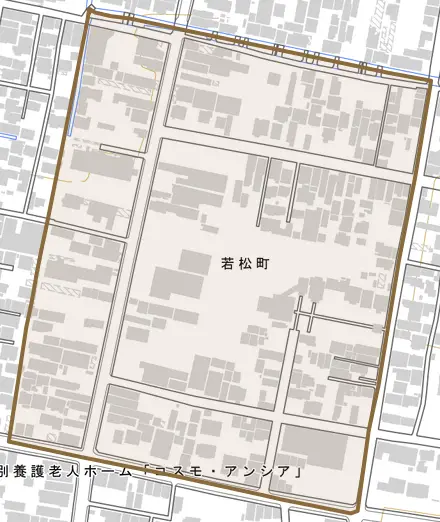 若松町とその周辺の地図。町の範囲を重ねている